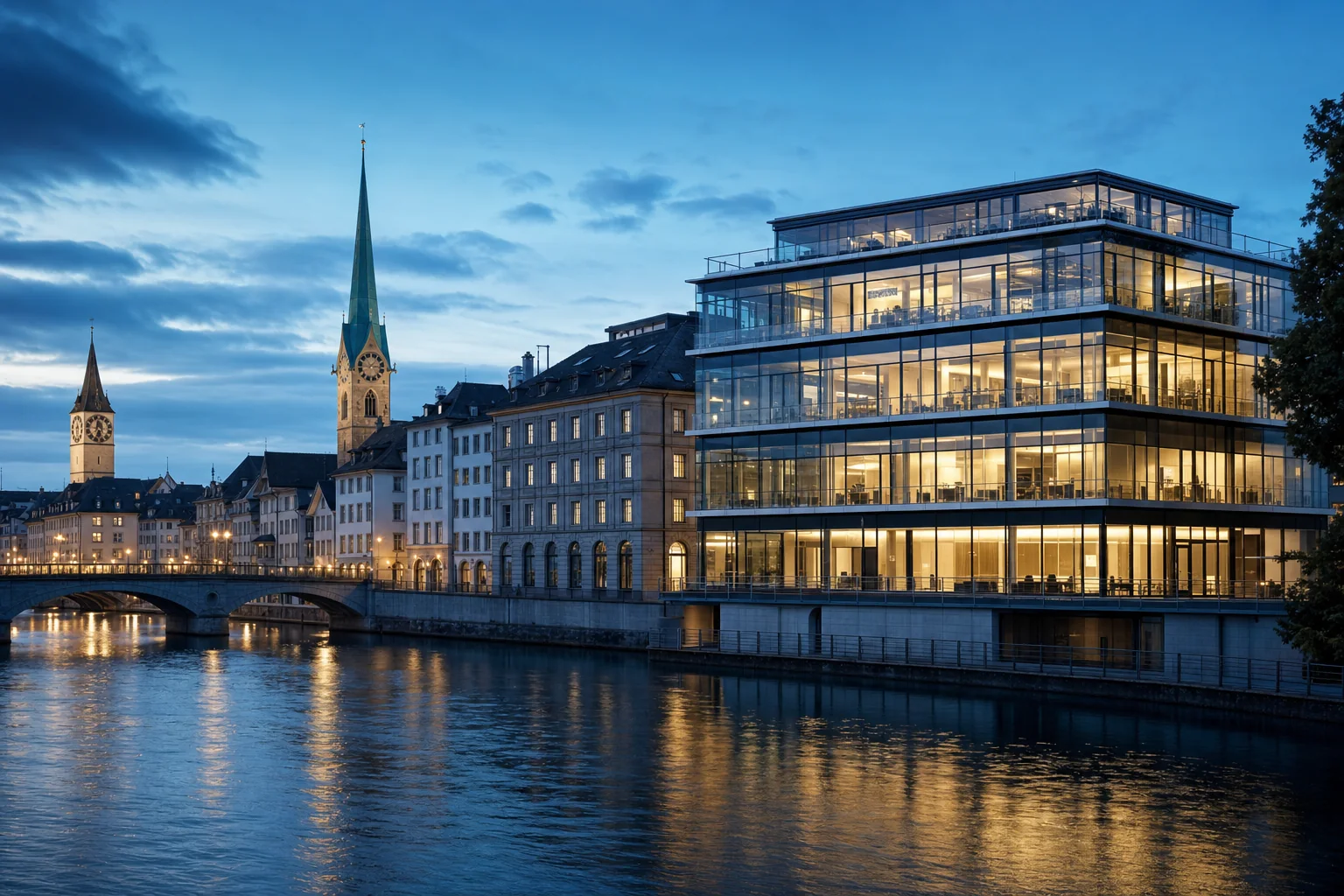 Zurich at blue hour with historic architecture and a modern technology office on the Limmat river