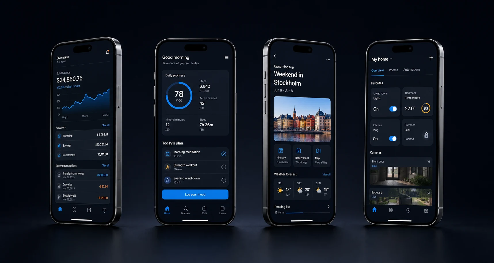 Four illustrative app concepts for finance, wellness, travel, and smart home products shown in realistic device frames