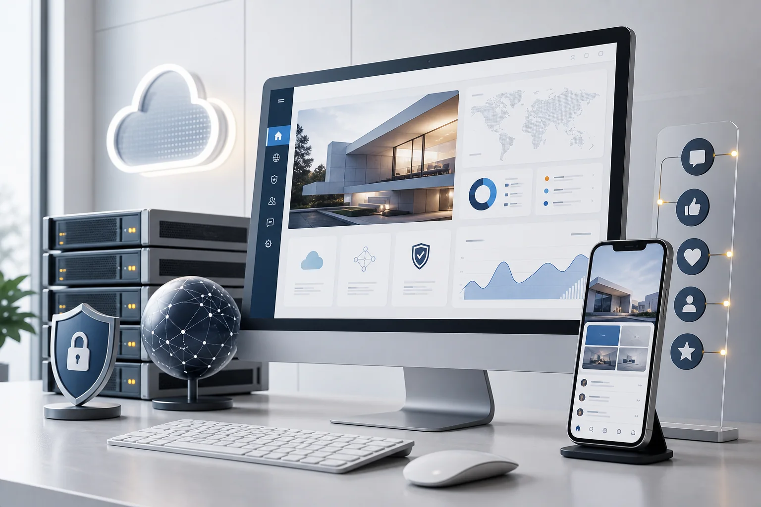 Premium digital services ecosystem spanning cloud infrastructure, security, social media, websites, and mobile apps