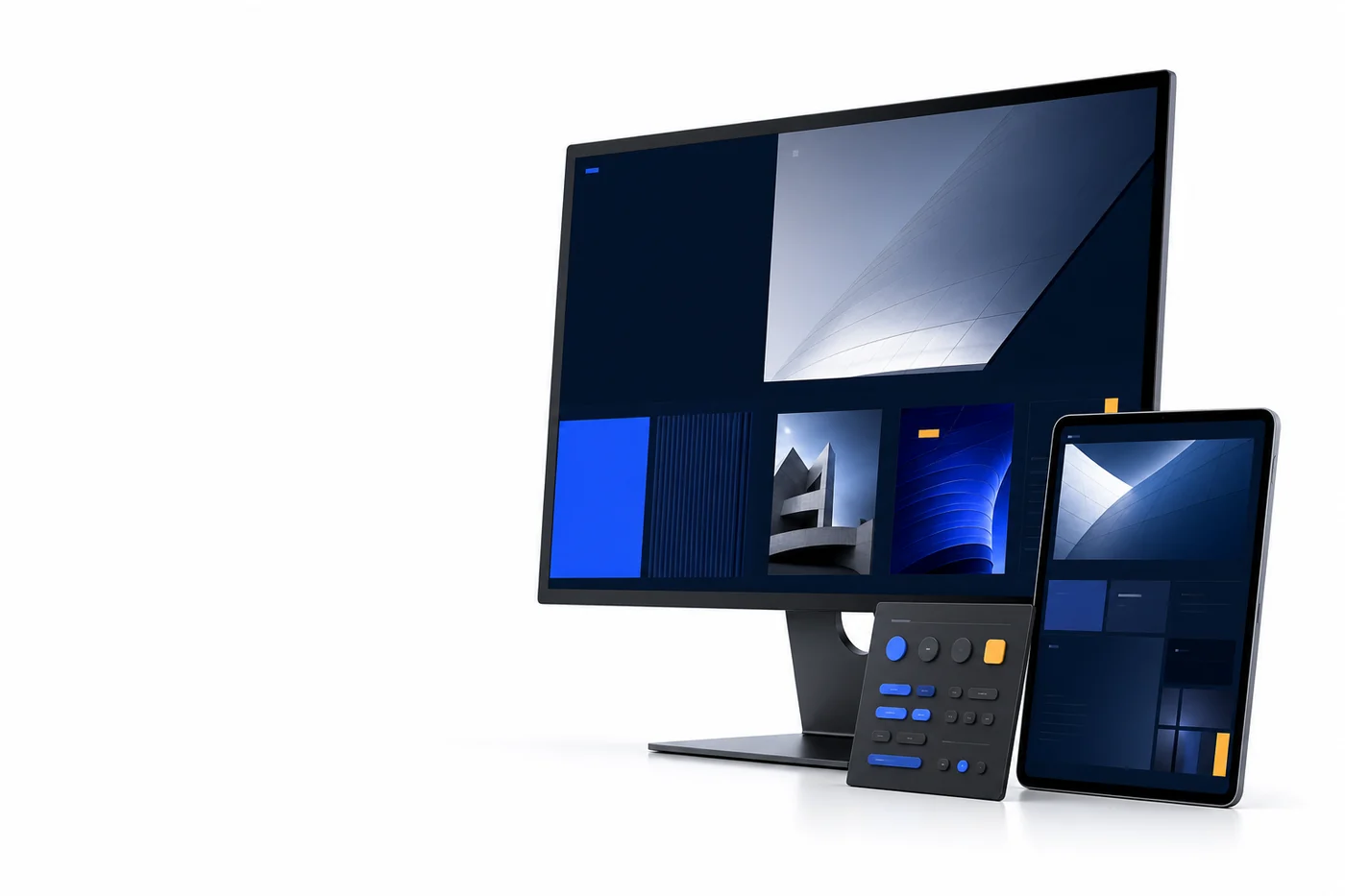Custom website design displayed across a desktop monitor, tablet, and component board